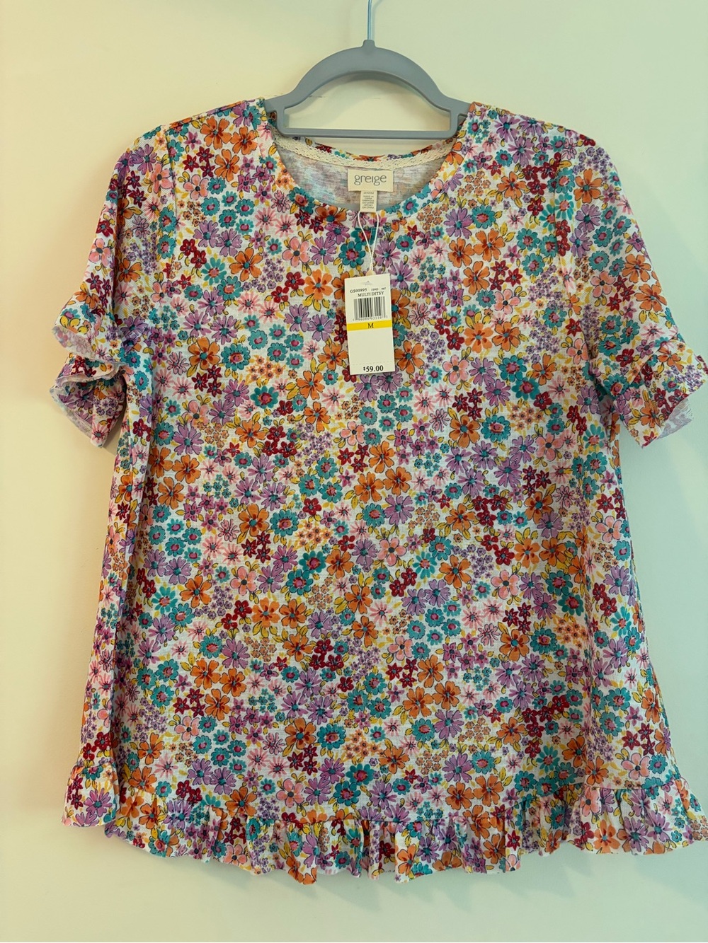 Greige Floral Ruffle Hem Short Sleeve Top in Multicolor Size Medium